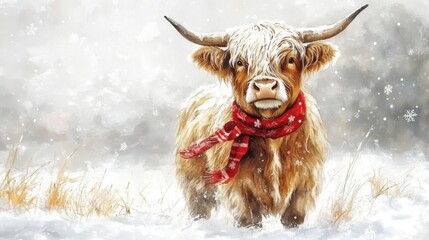Festive Highland Cow: Watercolor Painting of Cow with Red Scarf in Snowy Field, Christmas Decorations, Gentle Holiday Scene