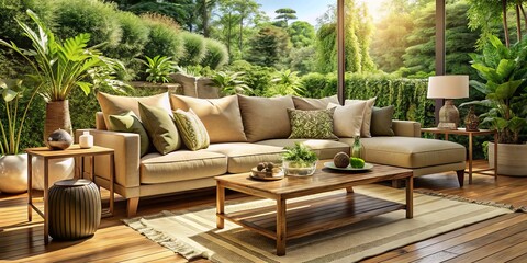 Fototapeta premium Sunny afternoon ambiance invigorates amidst lush greenery, opulent beige sofa embellished with plush cushions, sleek glass table, and rustic wooden deck, exuding serenity.