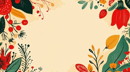 Folk art-inspired background with vibrant hand-drawn flowers and leaves in reds, greens, yellows, and oranges, forming an empty rectangle space for text or design on a light beige backdrop. Ideal for 