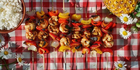 Naklejka premium Skewers of grilled shrimp bell peppers onion and pineapple on a red gingham picnic table with daisies and a serving of rice