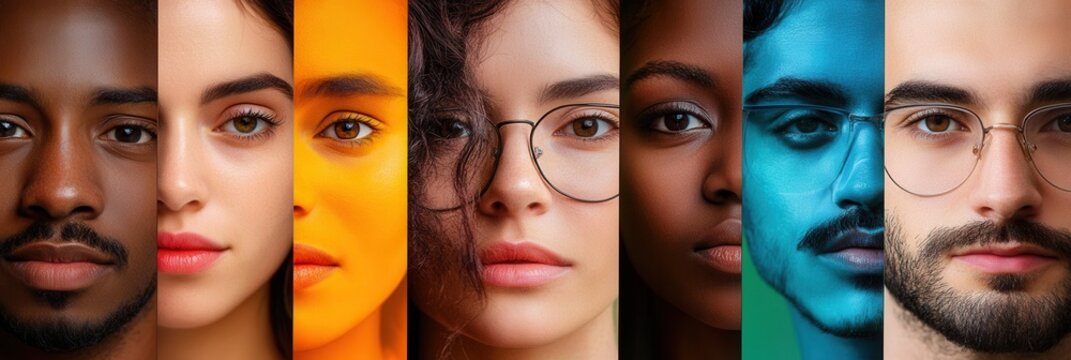 A collection of diverse faces separated by a line, showcasing contrasts in color and expressions of division and bias in society. Generative AI