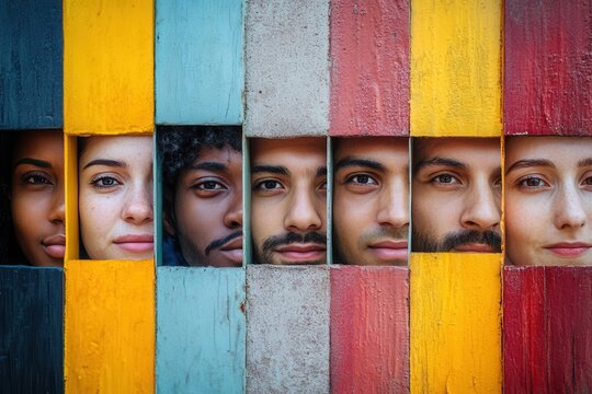 Faces from different backgrounds are separated by colorful barriers, symbolizing division, highlighting diversity and inherent differences. Generative AI
