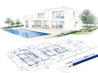 手描き設計図、パース絵と鉛筆。Generative AI