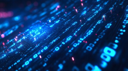 Fototapeta premium Digital 3D render of blue wooden cubes on a futuristic abstract background, highlighted by blue matrix binary code