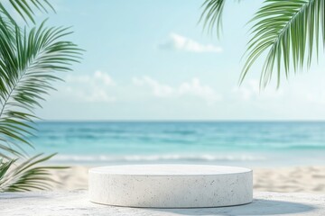 White stone podium with copy space for product display on tropical summer sand beach background, ai