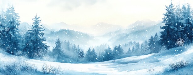 Obraz premium Serene snowy landscape, open space for text, delicate watercolor snowflakes
