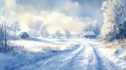 Fototapeta premium Snowy countryside, ample text space, delicate watercolor snow
