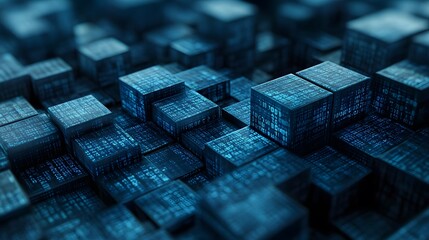 Digital 3D render of blue wooden cubes on a futuristic abstract background, highlighted by blue matrix binary code