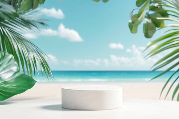 Fototapeta premium White stone podium with copy space for product display on tropical summer sand beach background, ai