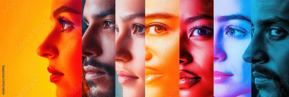 Aufkleber Six diverse faces separated by a line illustrate division and bias, emphasizing the beauty and contrasts of individual identities. Generative AI