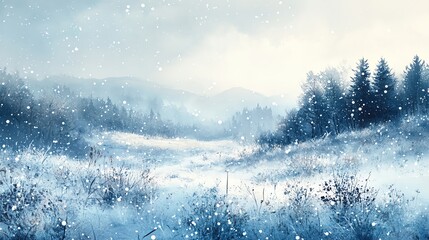 Fototapeta premium Frosty hillside, large area for text, watercolor snowflakes gently falling