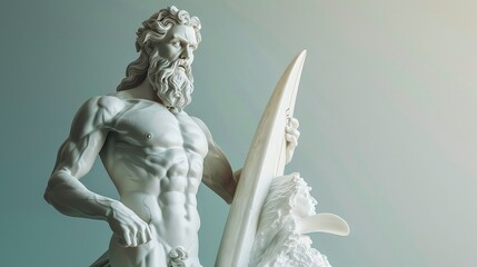 A white marble statue of a muscular man with a beard holding a surfboard.