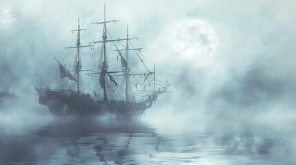Obraz premium Ghostly ship sailing through fog under a full moon in the middle of the night