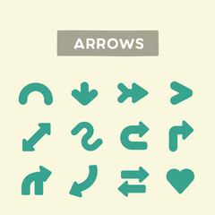 Collection of green arrow icons in various shapes and directions on a light background.