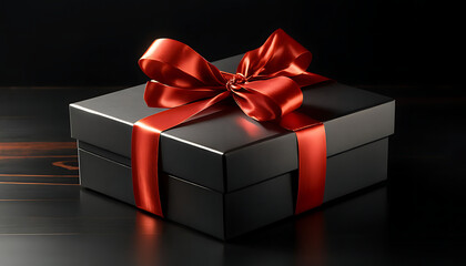 Obraz premium A luxurious gift box, on a solid black background, wrapped in sleek, matte black paper with a textured bow and feathers, creating a romantic luxury atmosphere. For anniversary, birthday presents