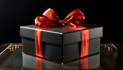 Fototapeta premium A luxurious gift box, on a solid black background, wrapped in sleek, matte black paper with a textured bow and feathers, creating a romantic luxury atmosphere. For anniversary, birthday presents