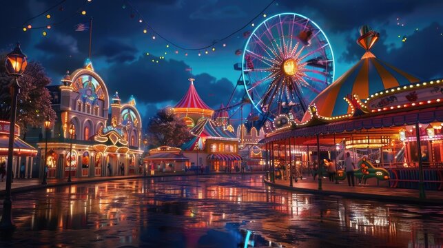 Lively fairground filled with attractions, snacks, and joyful moments, capturing the essence of amusement and lighthearted pleasure.