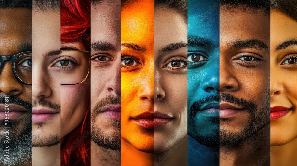Aufkleber diverse faces displayed in bright colors reflect social division and bias, emphasizing individuality