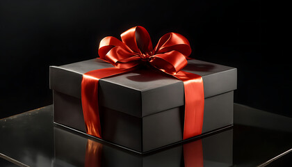 Obraz premium A luxurious gift box, on a solid black background, wrapped in sleek, matte black paper with a textured bow and feathers, creating a romantic luxury atmosphere. For anniversary, birthday presents