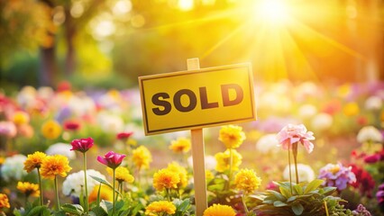 Vibrant yellow sold sign icon surrounded by blooming flowers in a whimsical garden, exuding joy and success, with shallow focus, warm lighting, and pastel colors, capturing triumph.