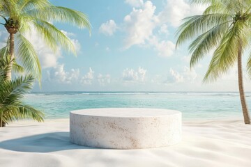 White stone podium with copy space for product display on tropical summer sand beach background, ai