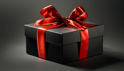 Fototapeta premium A luxurious gift box, on a solid black background, wrapped in sleek, matte black paper with a textured bow and feathers, creating a romantic luxury atmosphere. For anniversary, birthday presents