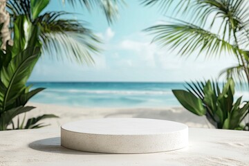 Fototapeta premium White stone podium with copy space for product display on tropical summer sand beach background, ai