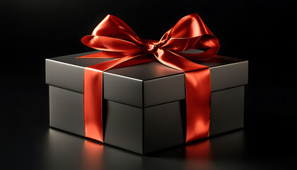 Obraz premium A luxurious gift box, on a solid black background, wrapped in sleek, matte black paper with a textured bow and feathers, creating a romantic luxury atmosphere. For anniversary, birthday presents