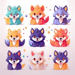 Naklejka premium A set of cartoon dogs with different colors and expressions
