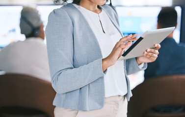 Office, woman and hands with tablet at call center for research on customer service and telemarketing. Female person, team leader and confident on employee training, internship or skill development