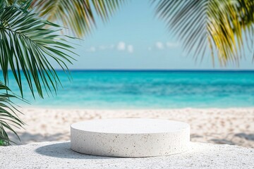 White stone podium with copy space for product display on tropical summer sand beach background, ai