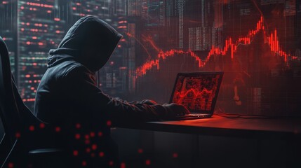 Hacker in hoodie sitting at desk and using laptop with falling red forex chart and map on dark background. Trade, hacking and crisis concept. Double exposure.