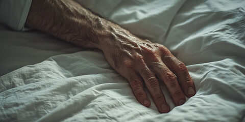 Fototapeta premium A close up of a hand on a bed, generative AI