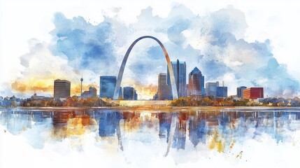 Modern Watercolor Painting of Sleek Gateway Arch in St. Louis - Architectural Landmark on White Background