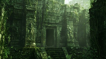 Mysterious ancient ruin deep in the jungle with vines and moss-covered stones ancient carvings on weathered structures jungle-overgrown with earthy greens natural textures detailed 3D-rendered