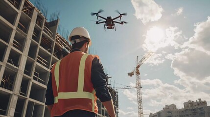 Drone operated by construction worker on building site, beautiful flying with drone