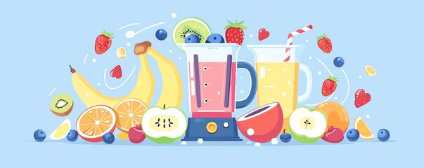 Fototapeta premium Smoothie preparation, fruits and blender, flat design illustration