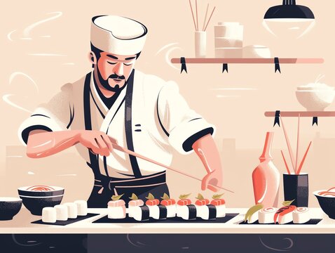 Sushi chef preparing rolls, precise techniques, flat design illustration