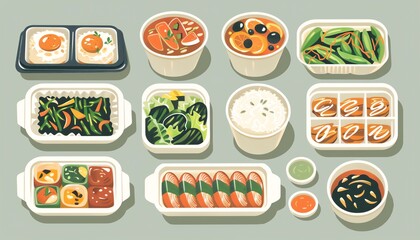 Takeout food, variety of dishes in containers, flat design illustration