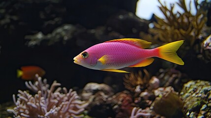 Obraz premium A vibrant pink fish with yellow fins swims gracefully among coral in a marine environment.