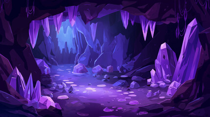 A dark cave with purple crystals, game background, Illustration