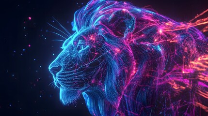 Holographic abstract interface illustration of a digital lion beast, featuring luminous lines and a high-tech grid