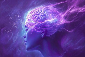 Vivid digital profile of a woman with a glowing purple brain symbolizing the power of imagination and creative thought in a surreal futuristic setting