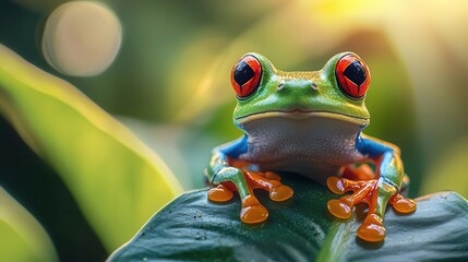 Fototapeta premium A vibrant red-eyed tree frog perched on a green leaf, surrounded by lush foliage and natural sunlight, showcasing tropical beauty