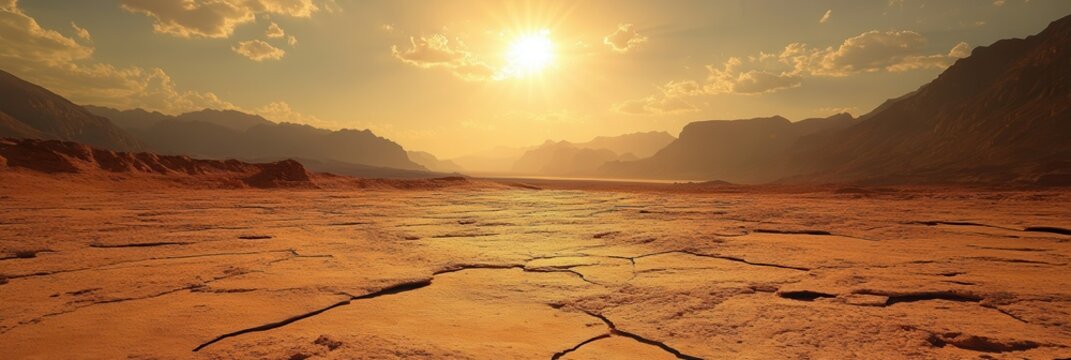 The arid land features deep cracks and dry soil, illuminated by a scorching sun, emphasizing climate change's stark impact. Generative AI
