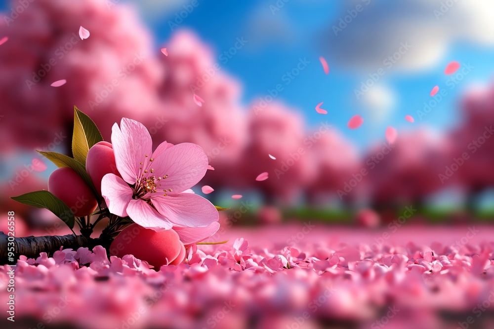 Poster peach blossom tree in a tranquil countryside orchard, illustrated in a scene where an orchard of pea