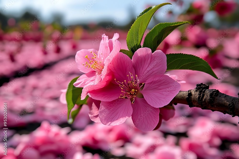Poster peach blossom tree in a tranquil countryside orchard, illustrated in a scene where an orchard of pea