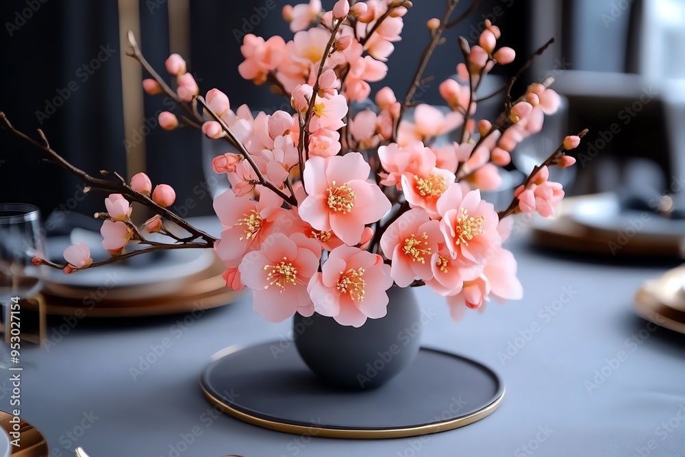 Poster peach blossom-themed invitation cards with elegant designs, captured in a photo where invitation car
