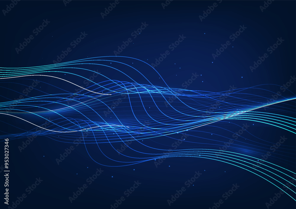 Poster abstract background technology. layered flowing particle waves. represents the overlapping of data b
