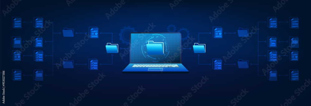 Poster computer technology background. the screen is a document file connected to a document folder that is